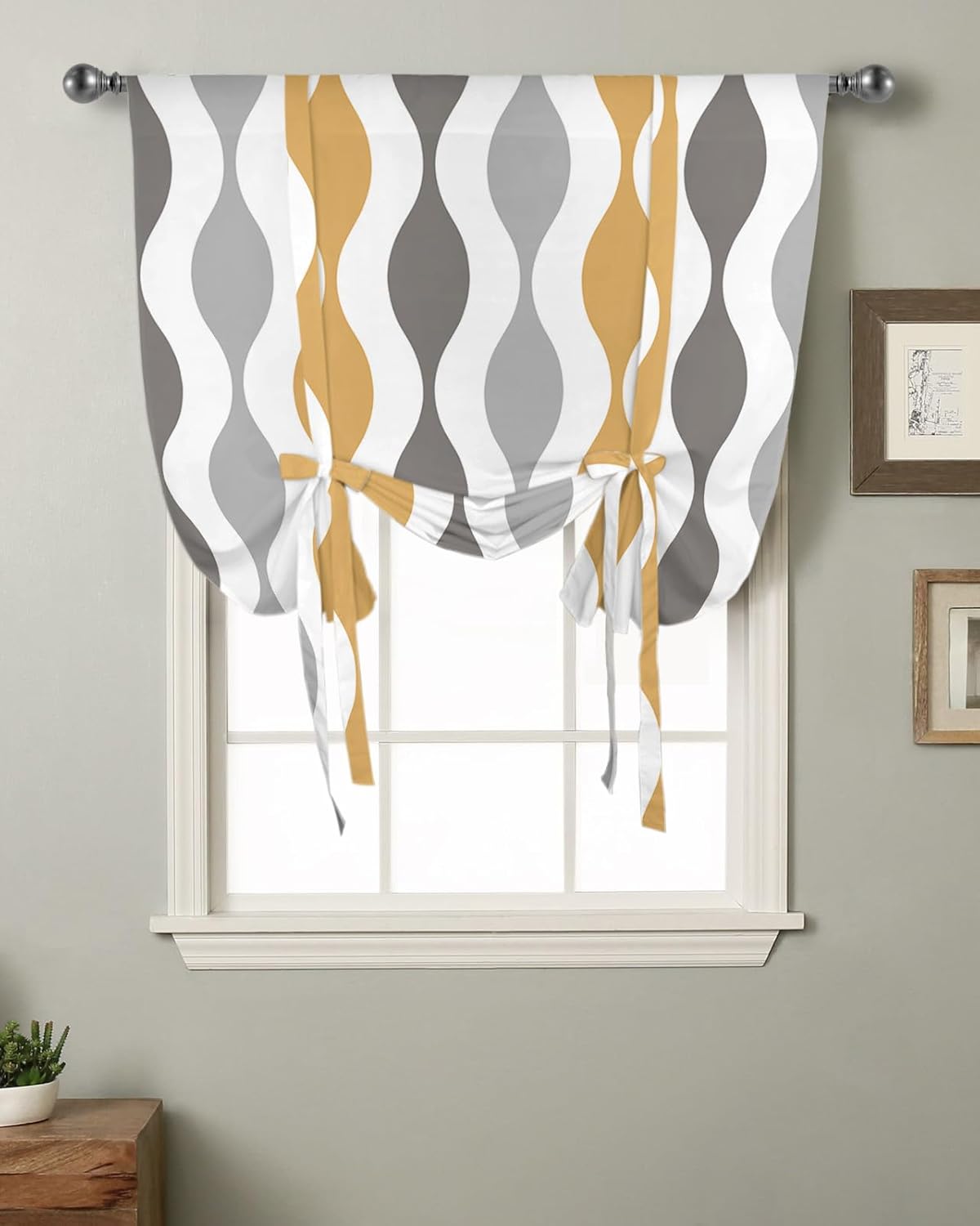 Nautical Navy Blue Tie Up Window Shade Curtain Zig Zag Stripe Kitchen Adjustable Balloon Curtains Shades Drape 46x63In for Living Room/Bedroom/Cafe Windows Grey White Chevron