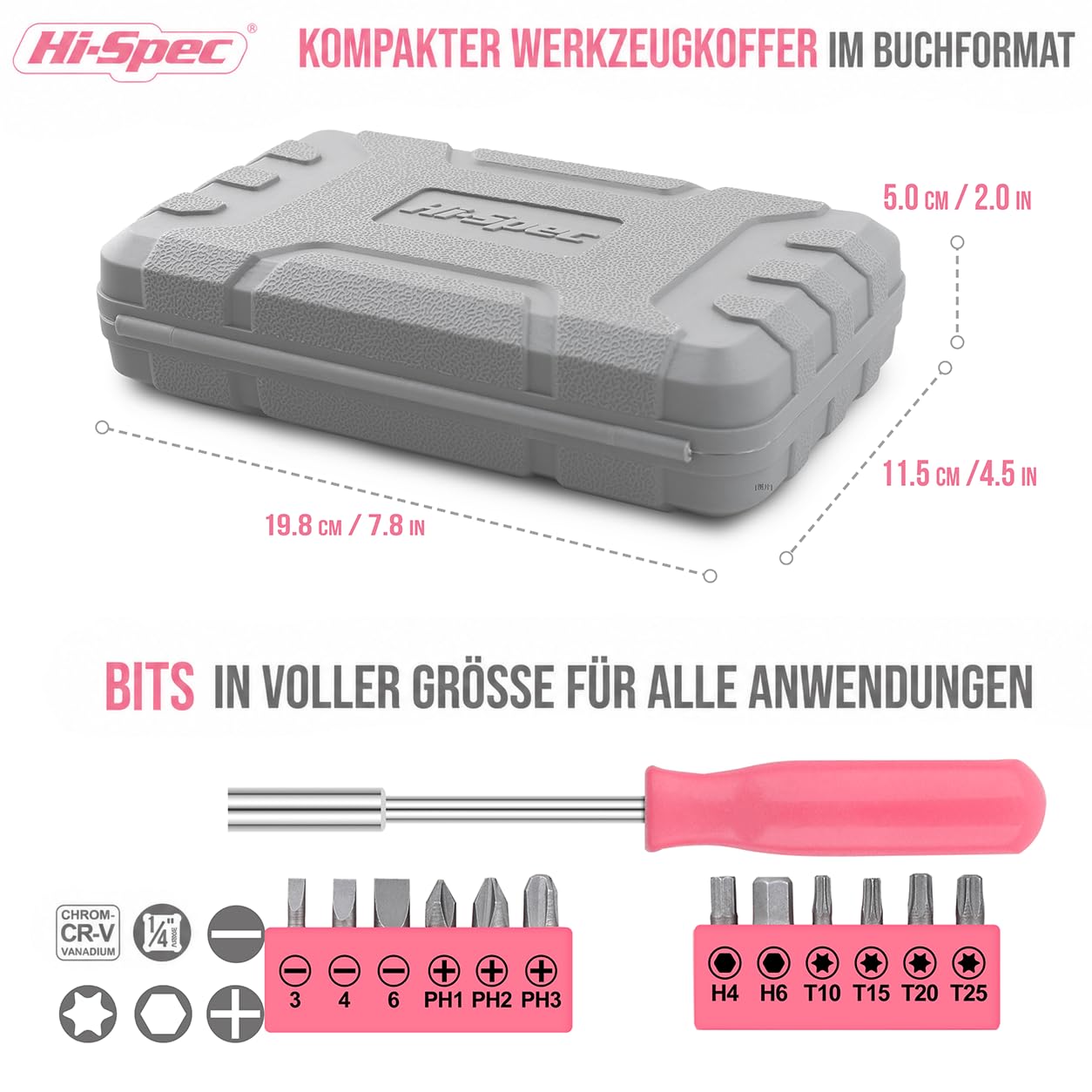 Hi-Spec 24-tlg. Kleiner Werkzeugkoffer für Frauen – Rosa-Mini-Werkzeug-Set mit Hammer und Schraubenzieher Set. Pinke Werkzeugbox ideal für WG-Zimmer und unterwegs