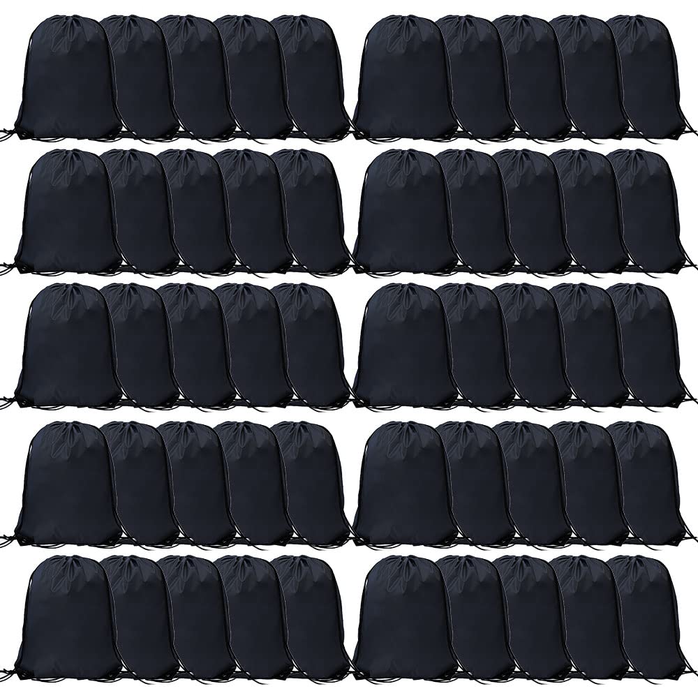 CODOBON 50 Pcs Drawstring Bags, Bulk Draw String Backpack, Cinch Polyester Bag for Gym Sport, Black