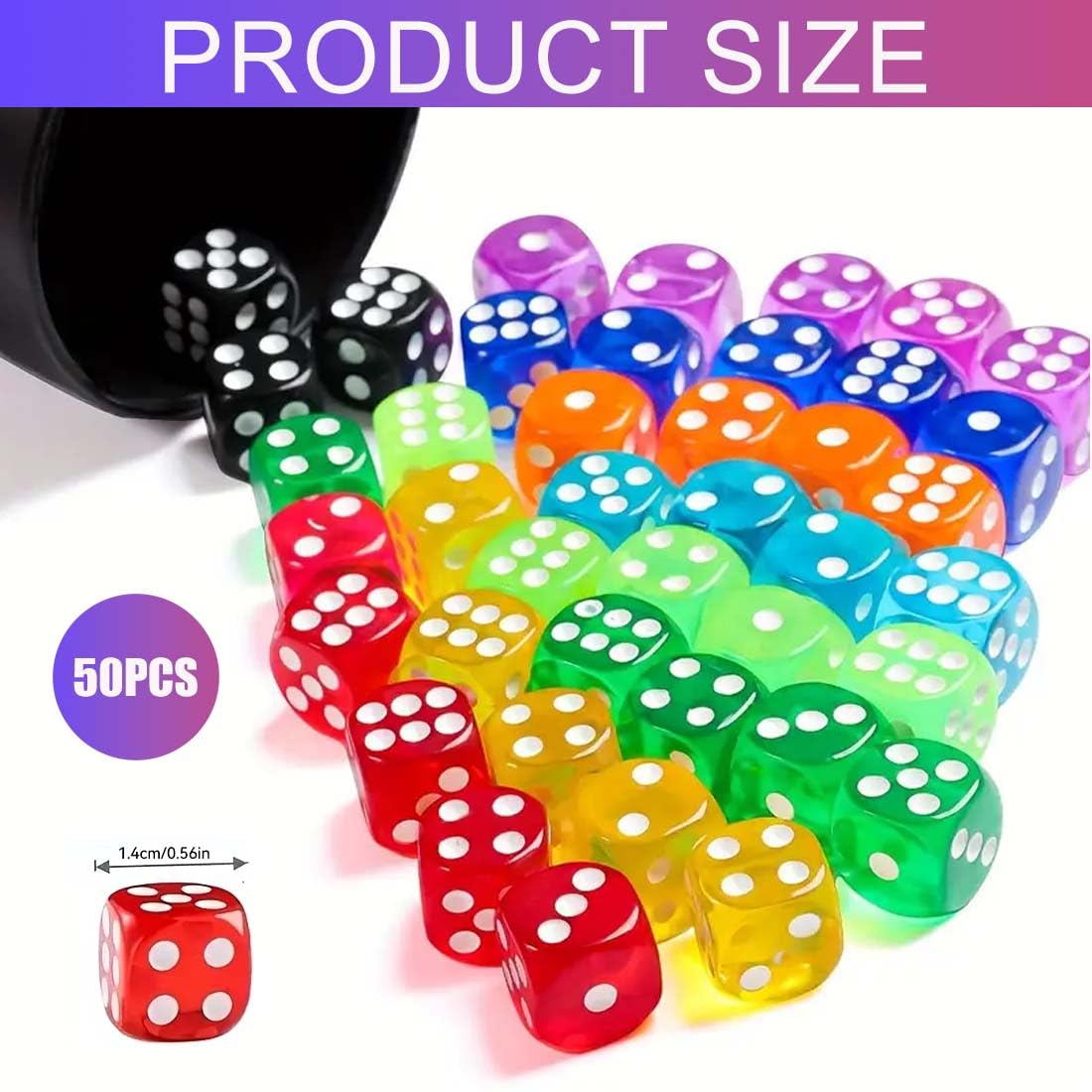 Set di 50 dadi traslucidi colorati da 14 mm con 6 facce,10 Colori,Dadi Traslucido Colori, per enzi, Farkle, Yahtzee,giocare ai giochi,Bunco or Insegnare i Matematici
