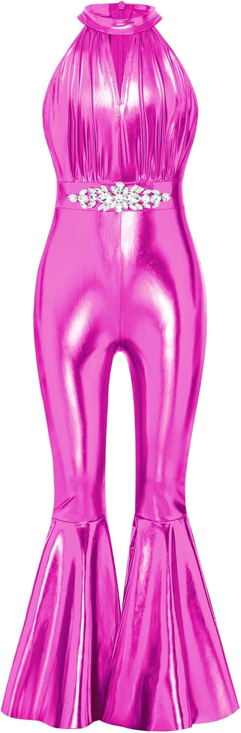 DINORMIN Girls Party Jumpsuit Metallic One-piece Romper for Jazz Dance Holiday Photo Garment Rhinestone Accent Hot Pink 16 Years