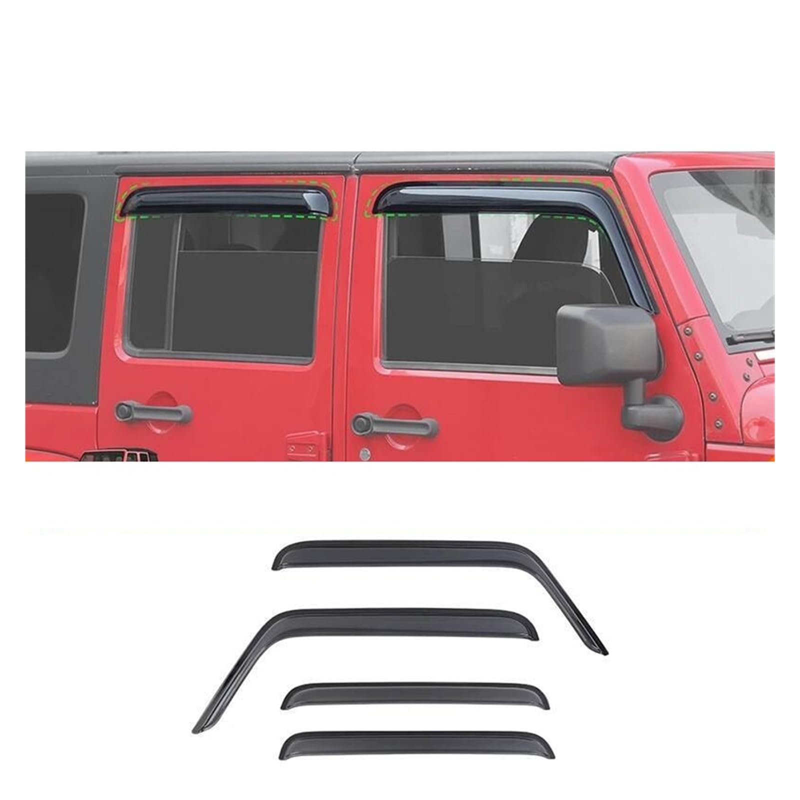 Auto Finestrini Laterali Visiera Parasole Vento Pioggia Deflettore Esterno Meteo Scudo Rifugi Guardia Compatibile per Jeep Wrangler JK 2007-2017