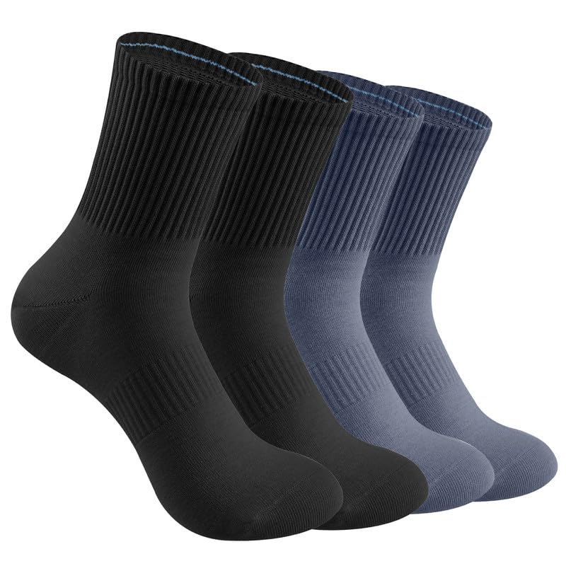 2 Pairs Cotton Men's Crew Socks,Athletic Cushioned Sport Running Calf Socks,Seamless Toe Design,Durable, Soft, Breathable, High Stretch,Size 7-11 black and blue