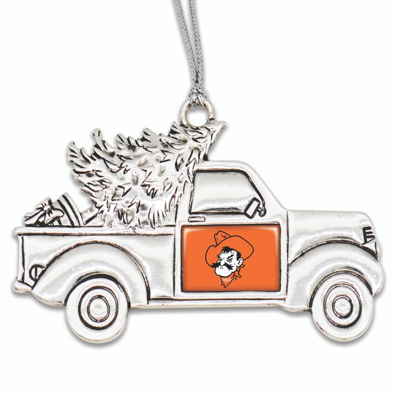 Oklahoma State Cowboys Vintage Truck Ornament with Team Logo Silver Metal Tree Decoration