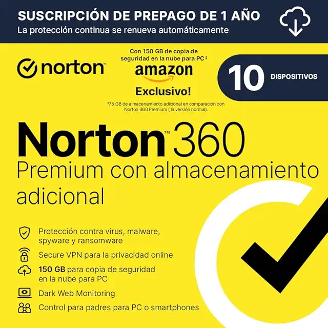 Imagen relacionada con Norton 360 Premium Exclusivo Amazon*|Antivirus 10 Dispositivos|1 año con renovación automática| Descarga digital