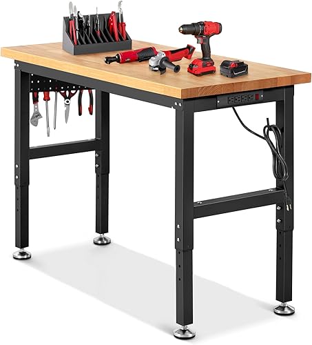 Miniatura 12 de Banco de trabajo con ruedas de 60 x 22 pulgadas, mesa de trabajo de madera de caucho resistente, mesa de trabajo de garaje de altura ajustable con