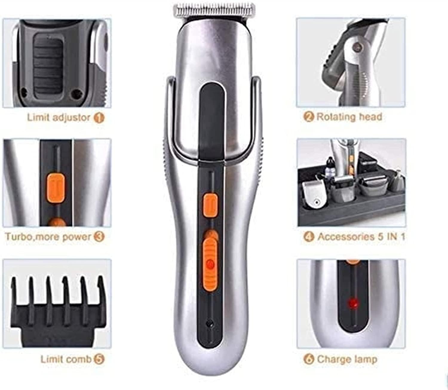 Cortapelos para hombres, kit de aseo 5 en 1, recortador de barba profesional, recargable, multiusos, para bigote, resistente al agua, para nariz y orejas, ideal