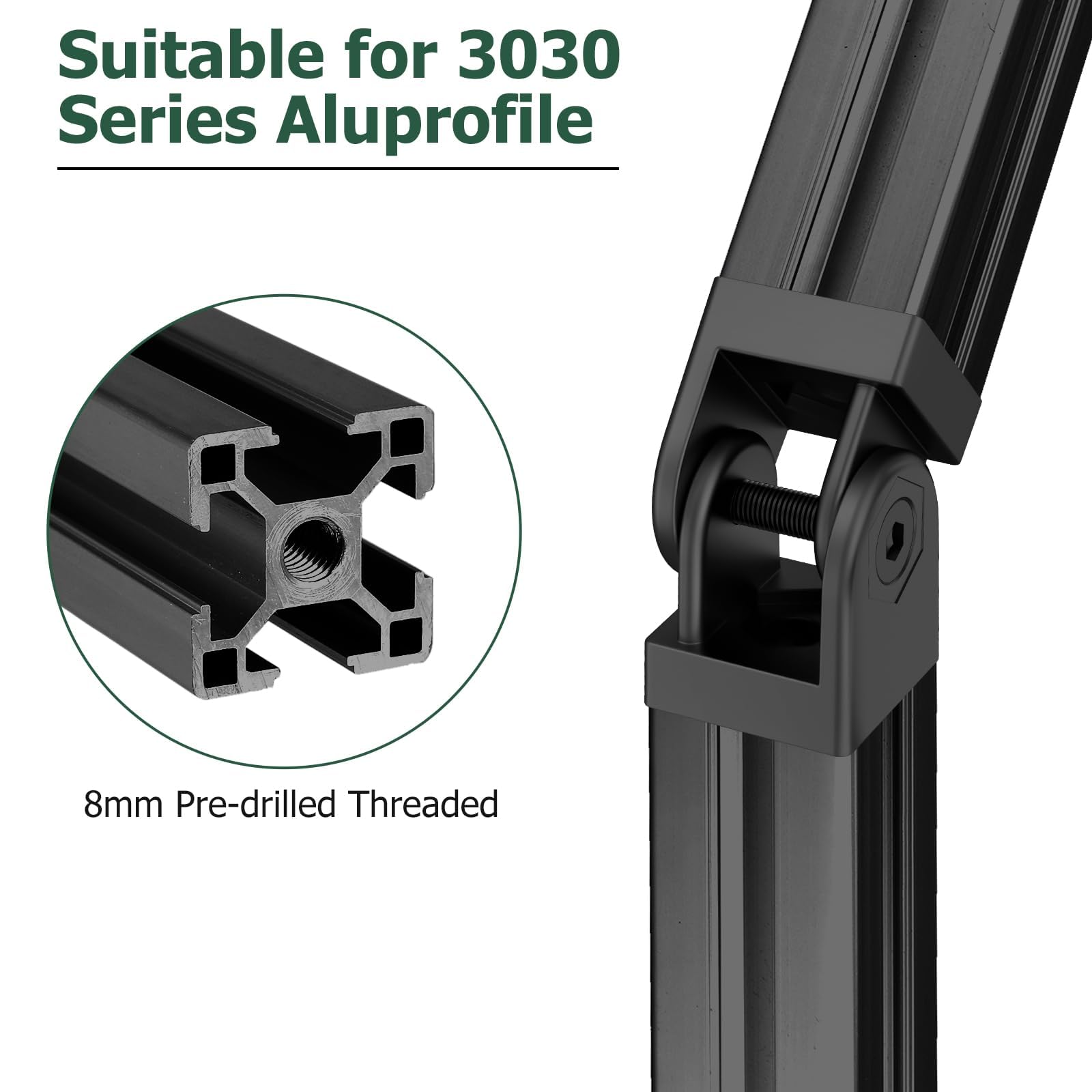 JiGiU Giunto angolare nero regolabile per profilo in alluminio 3030, 8 mm, con leva di serraggio, cerniera flessibile, materiale di fissaggio per parti della stampante 3D, progetti fai da te (4 pezzi)