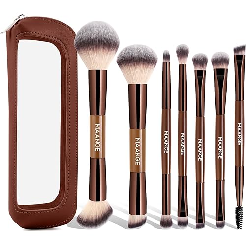 MAANGE 7 PCS Foundation Makeup Brush Set With Bag, Make up Brushes, Eyeshadow Concealer Brush, Double-ended Foundation Contour Powder Blush, Professional Face brush Set Tools For Liquid,Cream(Apricot)
