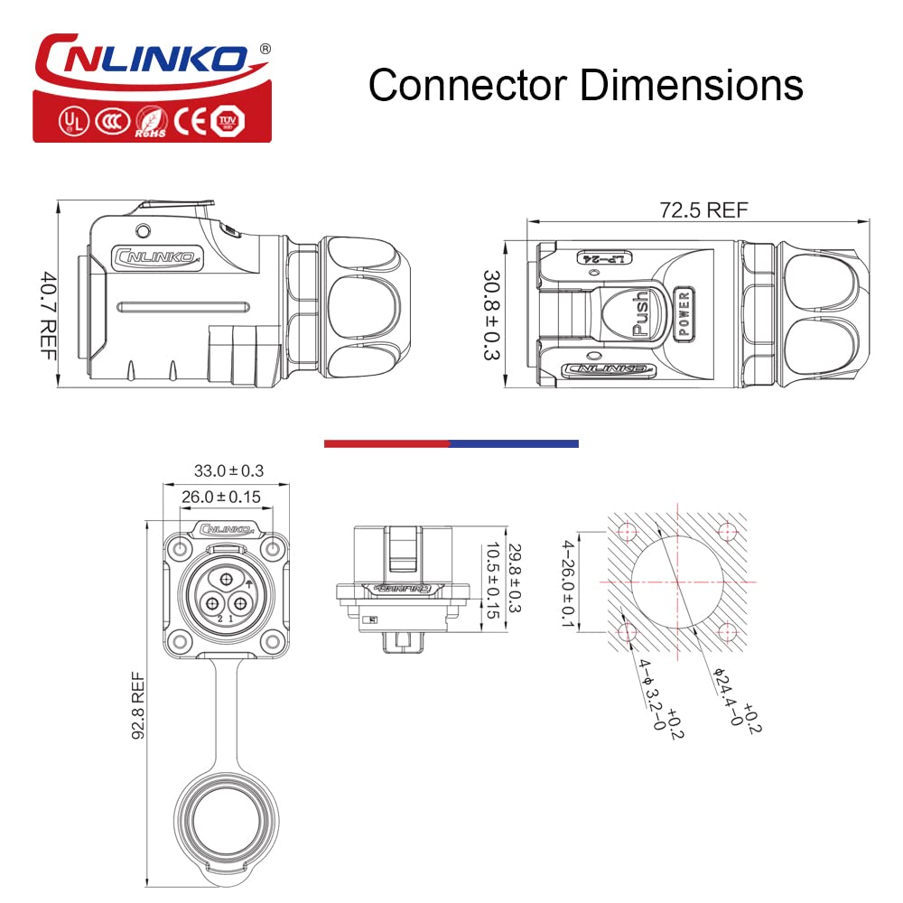 CNLINKO LP-24 3 Pin Waterproof Connector 25A 500V AC Quick Plug Circular Connector PBT Plastic Shell Fast Release Aviation Connector M24 Flange Socket (3 Pin) - Image 4