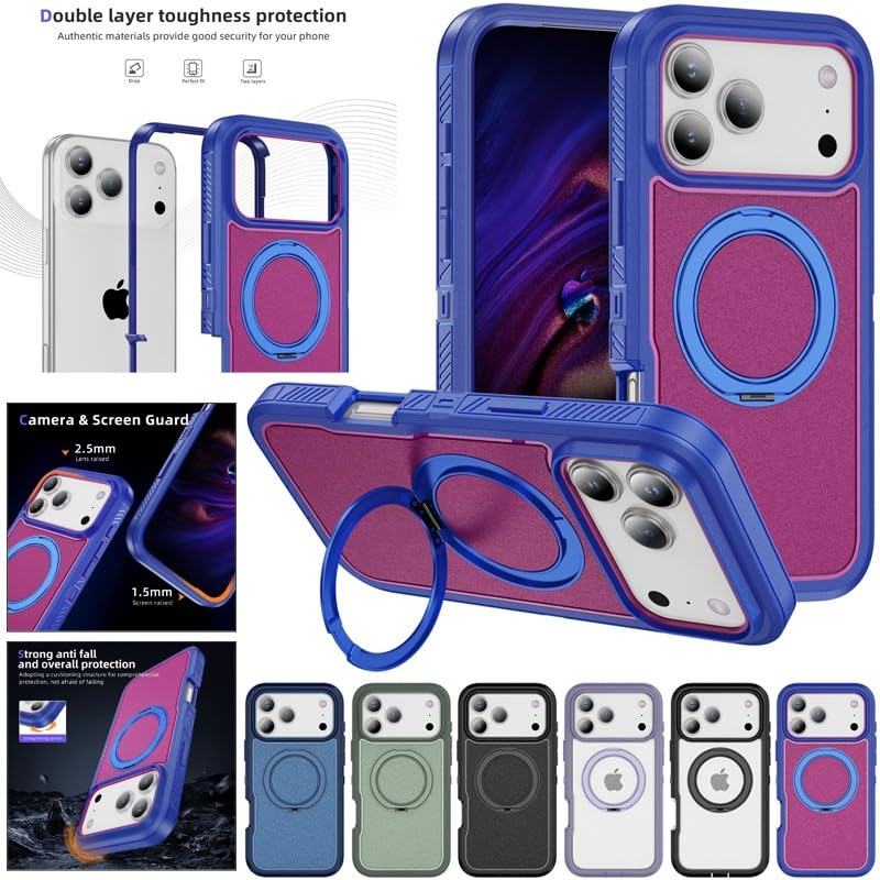 Coque iPhone 16 anti-chute avec béquille rotative silicone rigide bleu