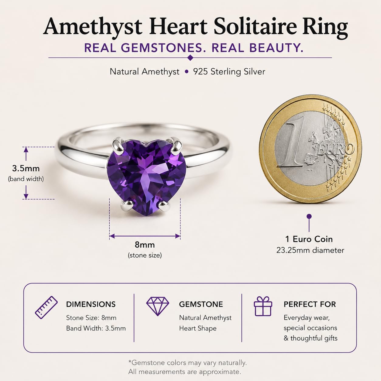 Anillo de plata esterlina con corazón de piedras preciosas de amatista