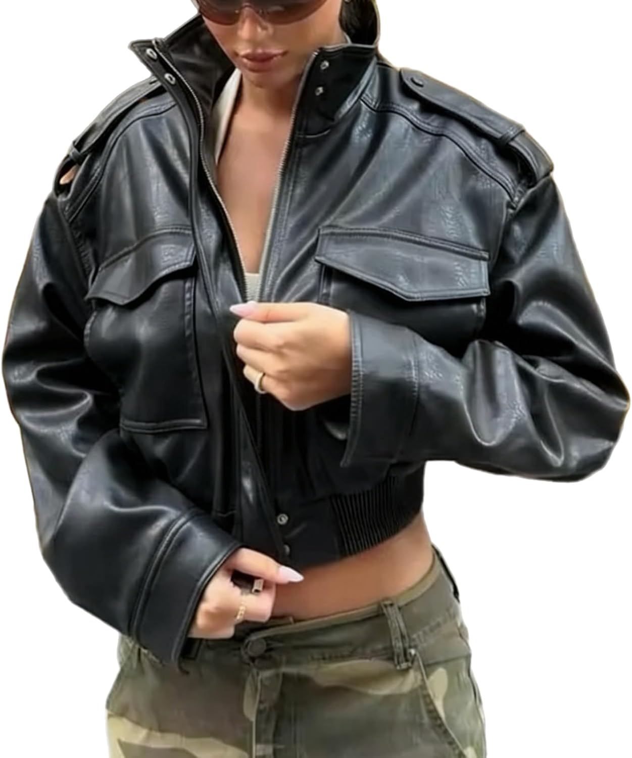 Green Leather Jacket Women Stand Collar Zip Up Cropped Leather Jacket Women Trendy 2026