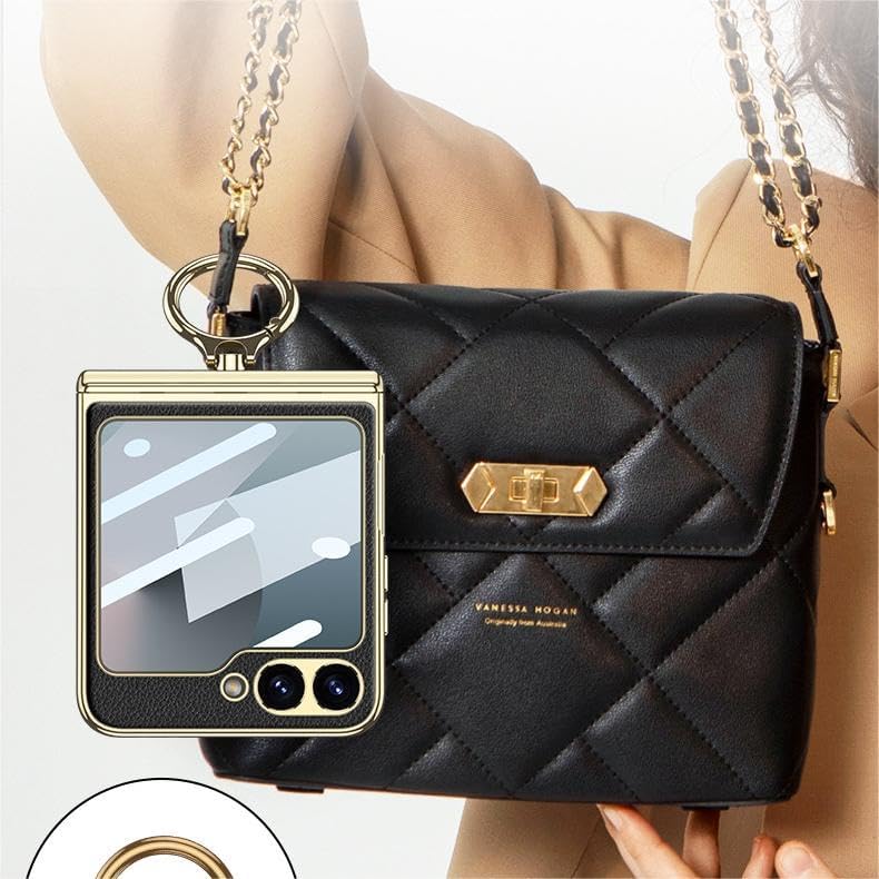 Magnetic Folding Litchi Leather Case for Samsung Galaxy Z Flip 6, All-Inclusive Phone Protective Cover for Flip6, Anti-Drop Shell with A Electroplating Ring (Black,for Flip 6)