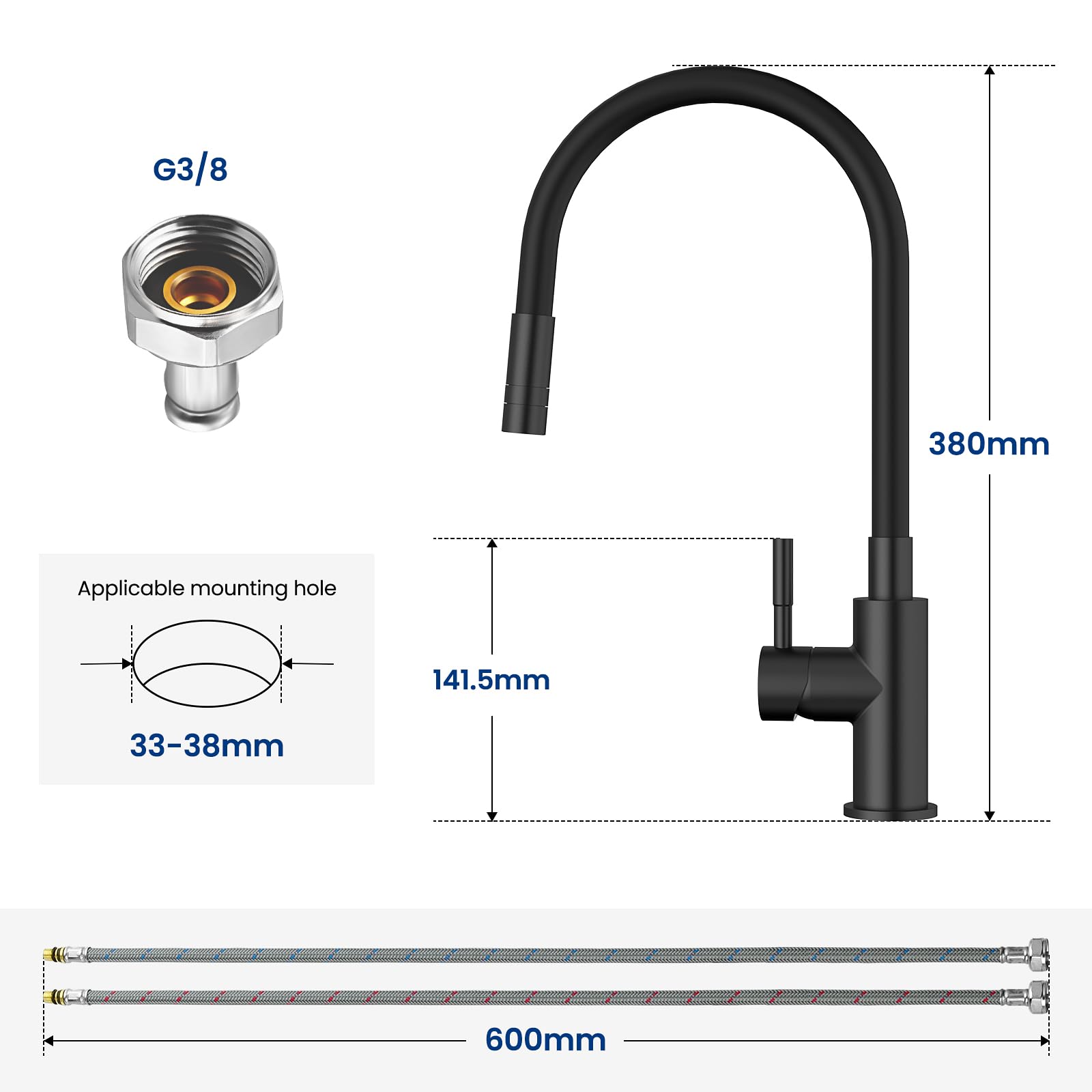 CECIPA Robinet Cuisine Noir Flexible Avec 2 Types de Jets, Mitigeur Rabattable, Eau Chaude et Froide, Pivotant à 360°
