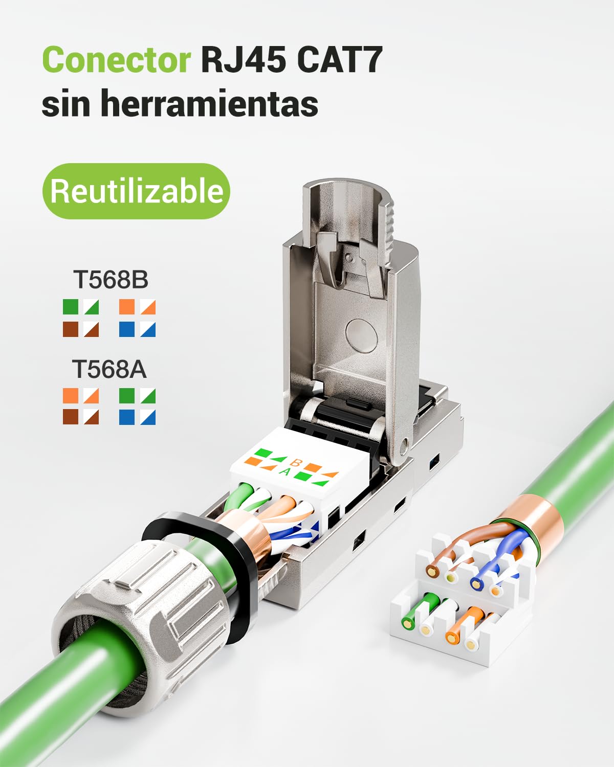 Blindado RJ45 Conector CAT 7 sin Herramienta, 10Gbps/600MHz, Dorado Conectores RJ45 POE Para cables de instalación Cat7 Cat6A, Conector LAN Cat7 sin Herramienta, reutilizable, 2 Unidades