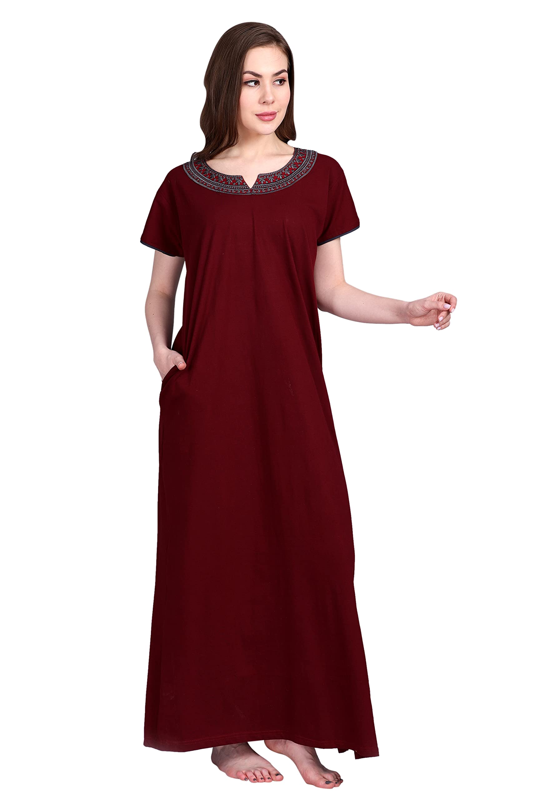 girls and moms Women's Hosiery Cotton Night Gown | Maxi | Nighty | Embroidery Neck | with Pocket-picture-17