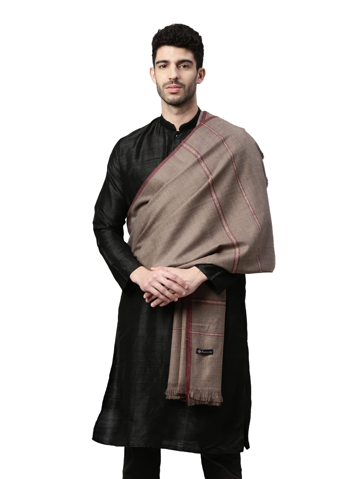 Men Woollen Kanni Shawl, Authentic Kashmiri Luxury Pashmina Designs, Full Gents Lohi (Size 266x123 cms, Beige Color)