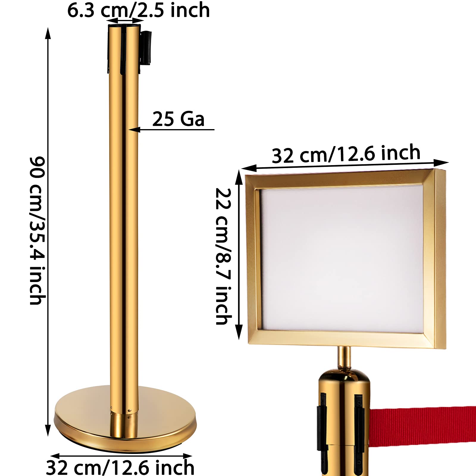VEVOR Poste Guía 6 Piezas 90 cm Barrera de Marcado de Control de Multitudes con Cinturones Retráctiles de 2 m para Cola de Separación de Demarcación en Escuela Pública Teatro Hotel Exposición, Dorado
