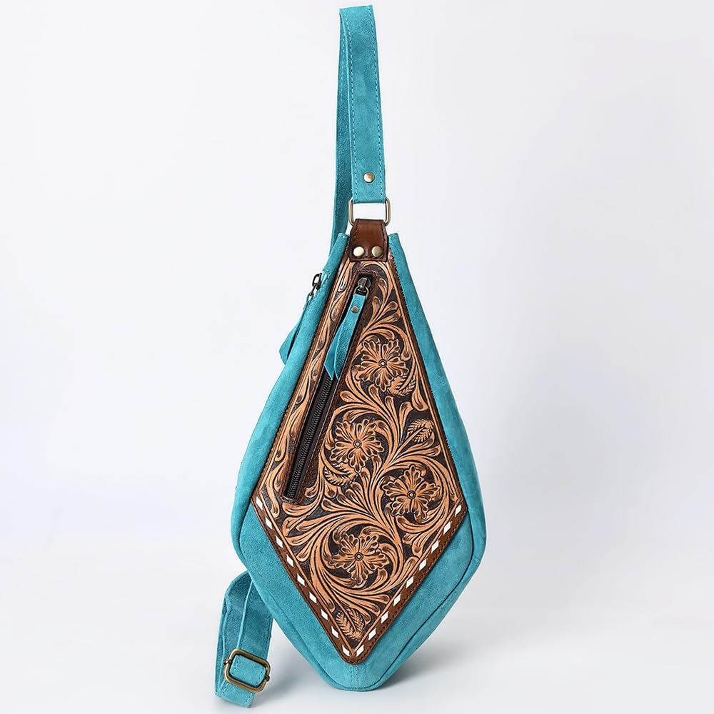American Darling Women's Hand Tooled Floral Carved Genuine Leather Sling Bag Eco-Friendly Crossbody Purse YKK Zipper