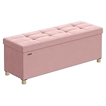 SONGMICS Pouf Contenitore, Cassapanca Pieghevole, 38 x 110 x 40 cm, Sgabello Poggiapiedi, 112 L, Superficie in Velluto, per Camera da Letto Soggiorno, Rosa Pastello LSF0518R02