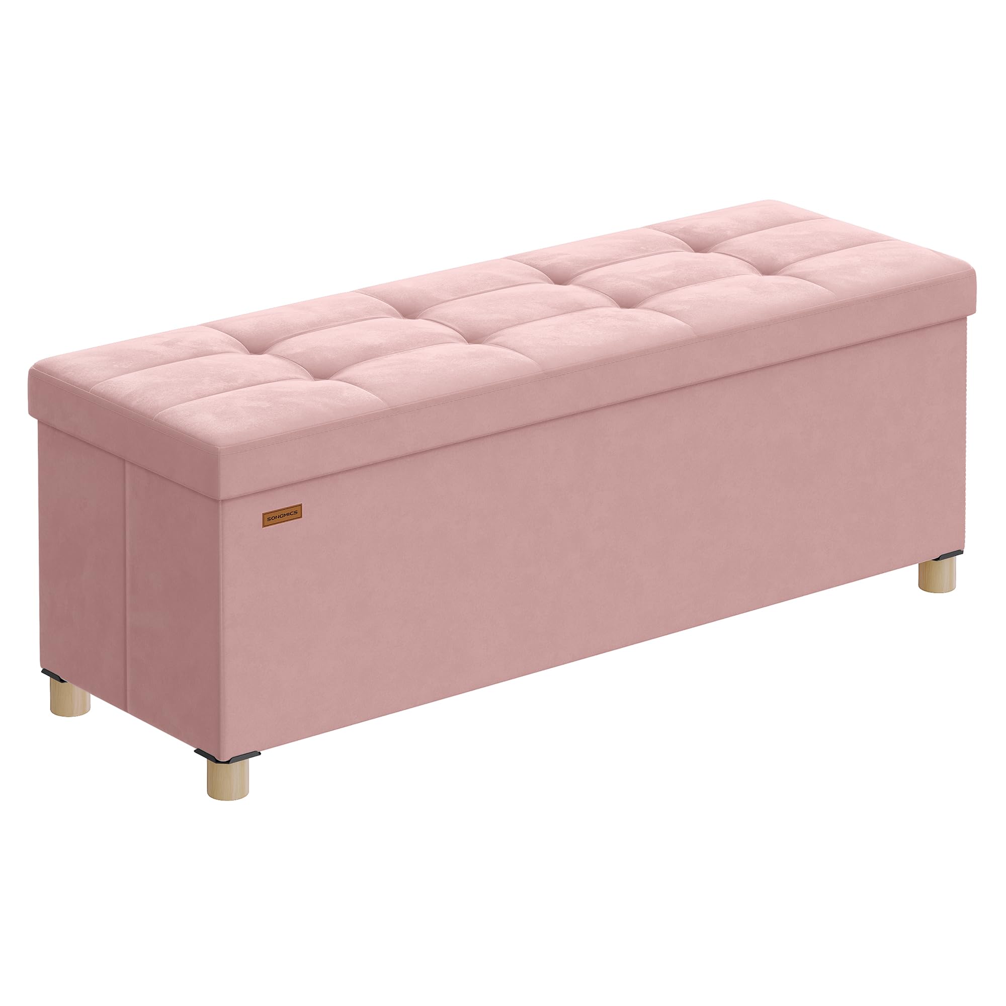 SONGMICS Puff Almacenaje, Banco Plegable, 38 x 110 x 40 cm, Reposapiés, 112 L, Superficie de Terciopelo, para Dormitorio, Sala de Estar, Dormitorio, Rosa Jalea LSF0518R02