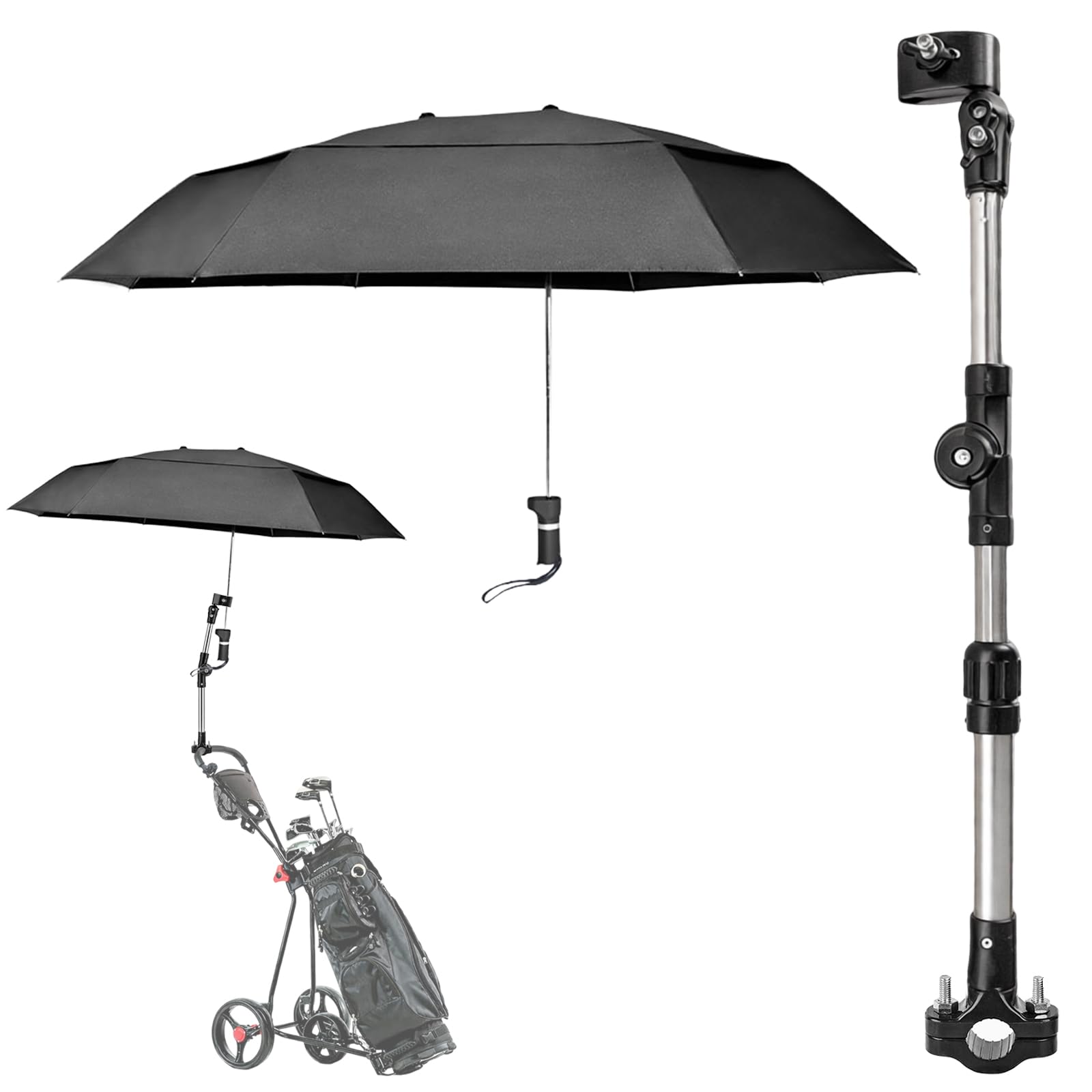 Golfschirmhalter-Set mit 53,3 cm Regenschirm, verstellbarer Regenschirm-Halterungs-Set für Schubwagen, Trolley, Rollstuhl, Kinderwagen, Universal-Klemme, Sonnenschutz