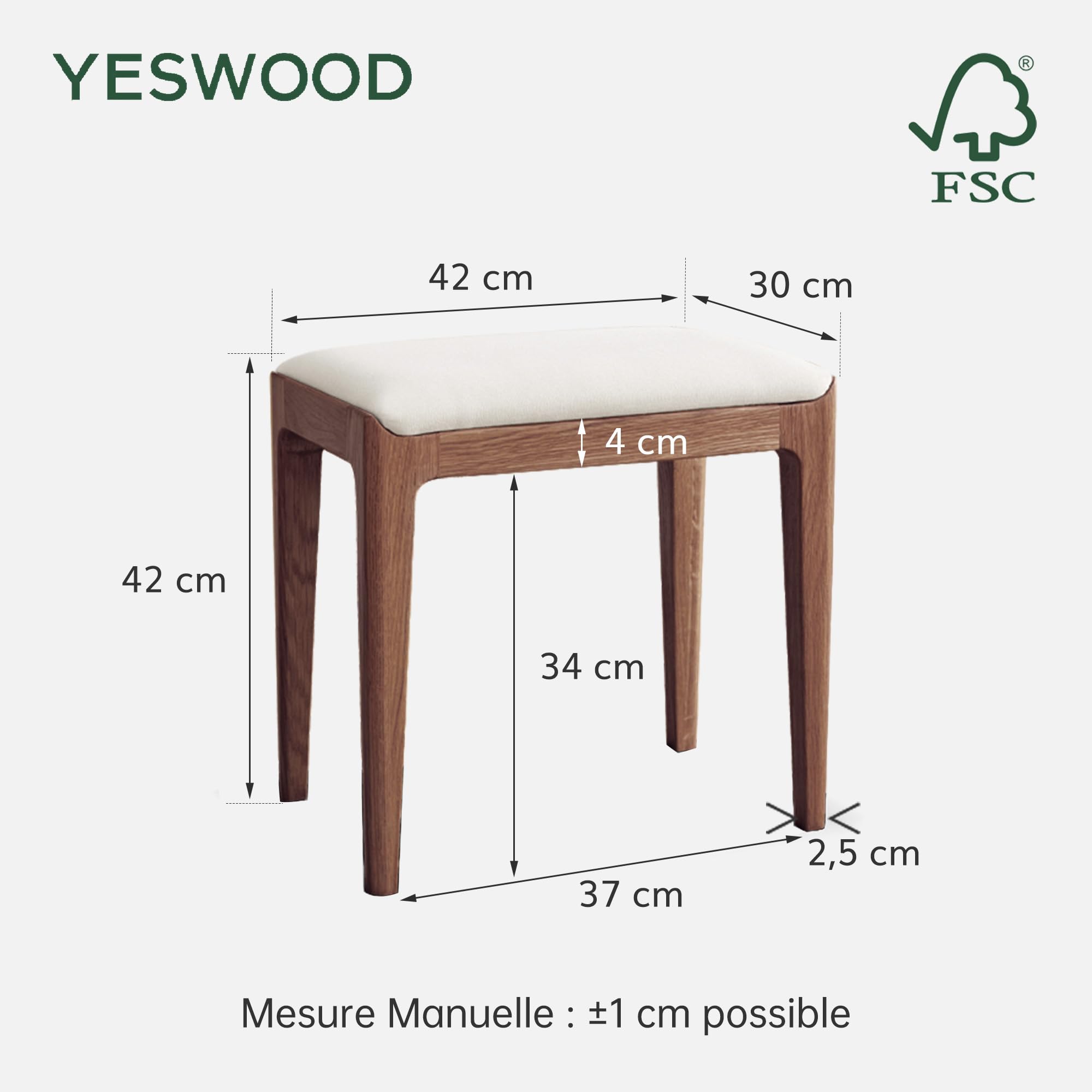 YESWOOD Tabouret de Coiffeuse en Bois de Chêne Massif, Livré Monté, Chaise de Coiffeuse Style Moderne, pour Chambre, Coiffeuse, 43 x 30 x 42 cm, Noyer