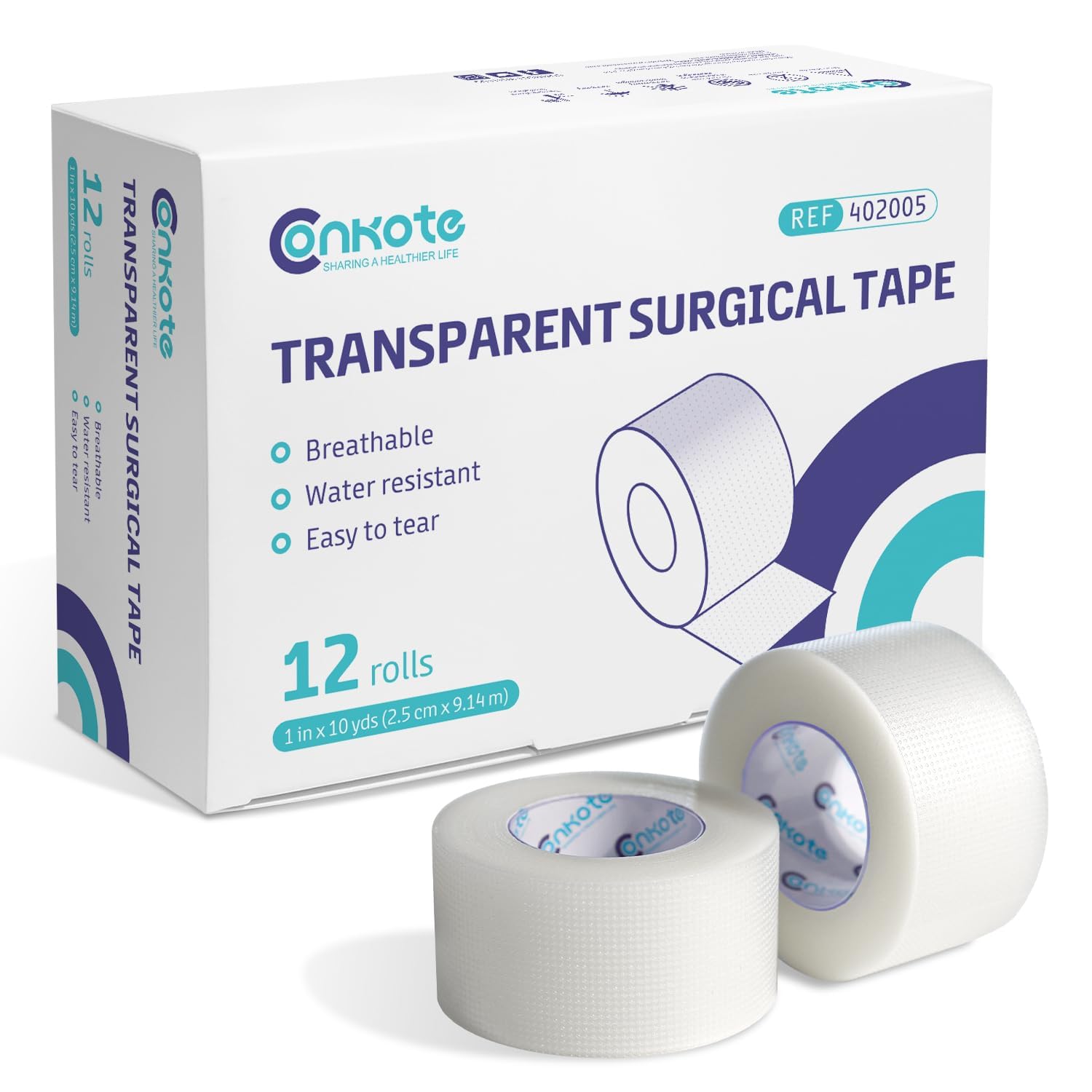 Conkote Transparent Medical Tape 1" x 10 Yards, First Aid Adhesive Clear Surgical Bandage Tape for Wound Care, 12 Rolls