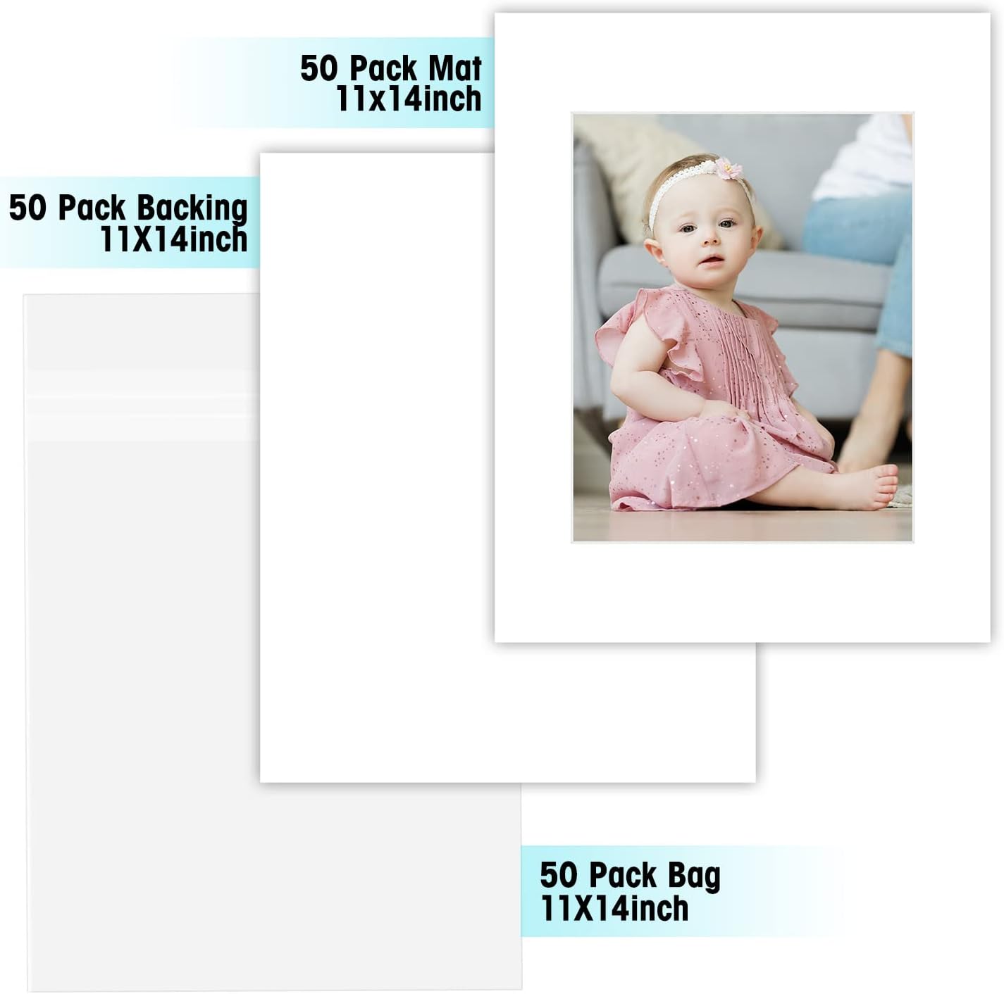 Golden State Art Acid Free, Pack of 50 11x14 White Picture Mats Mattes with White Core Bevel Cut for 8x10 Photo + Backing + Bags