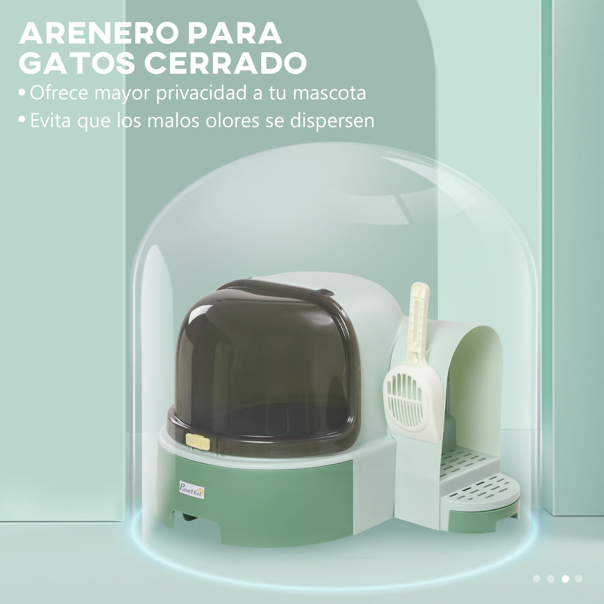 PawHut Arenero para Gatos con Cubierto Caja de Arena para Gatos en Forma de Cápsula Espacial con 2 Bandejas Extraíbles y Pala 52x60x42 cm Verde
