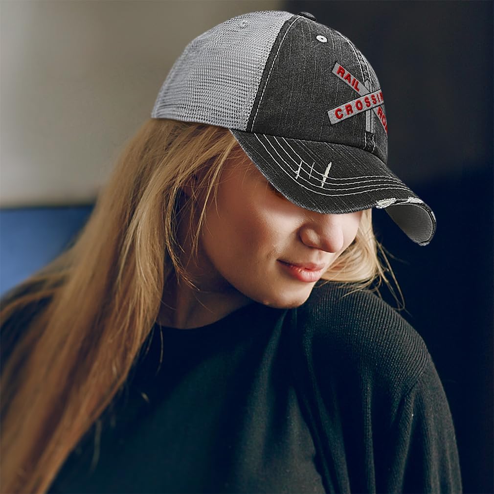 Soft Mesh Cap Hat Embroidered Railroad Crossing Embroidery Distressed Vintage Cap Cotton