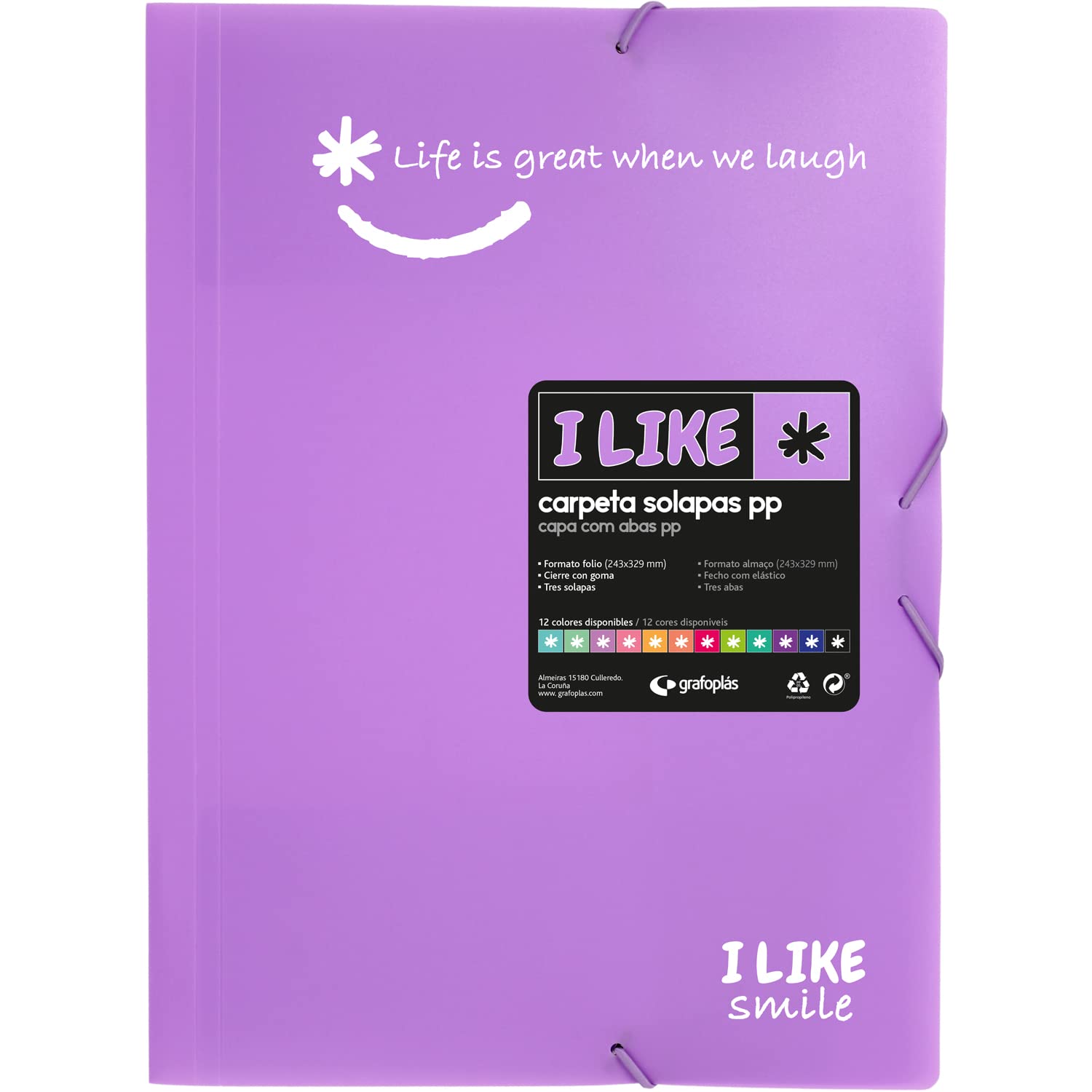 Grafoplás 4800869. School Folder Three Flaps and Rubbers, Lavender Colour, Folio Size, Rubber Closure, Opaque Polypropylene, Like