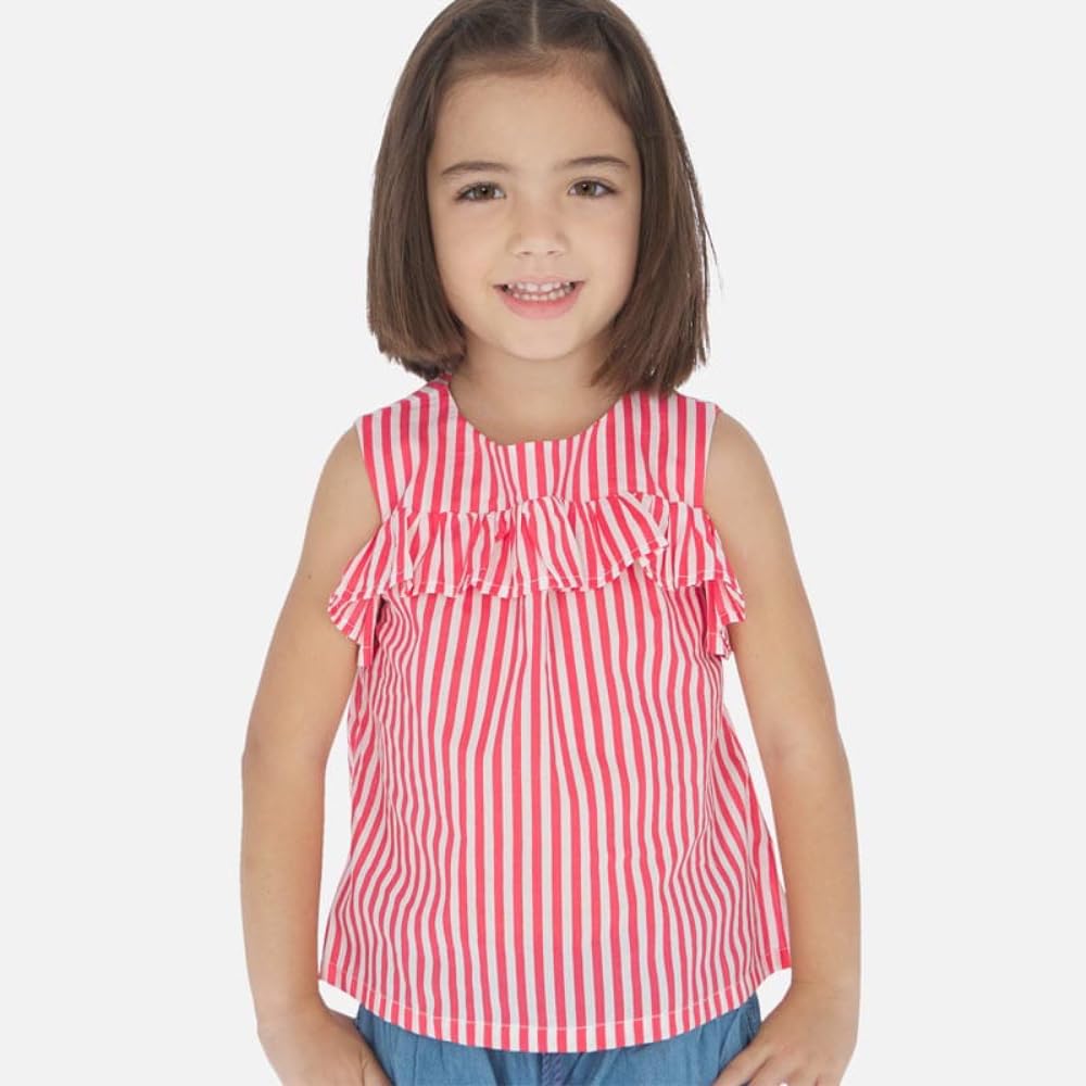 Generico Blusa para niña de rayas rojas y blancas de algodón, con volantes y hombros descubiertos, estilo informal de verano