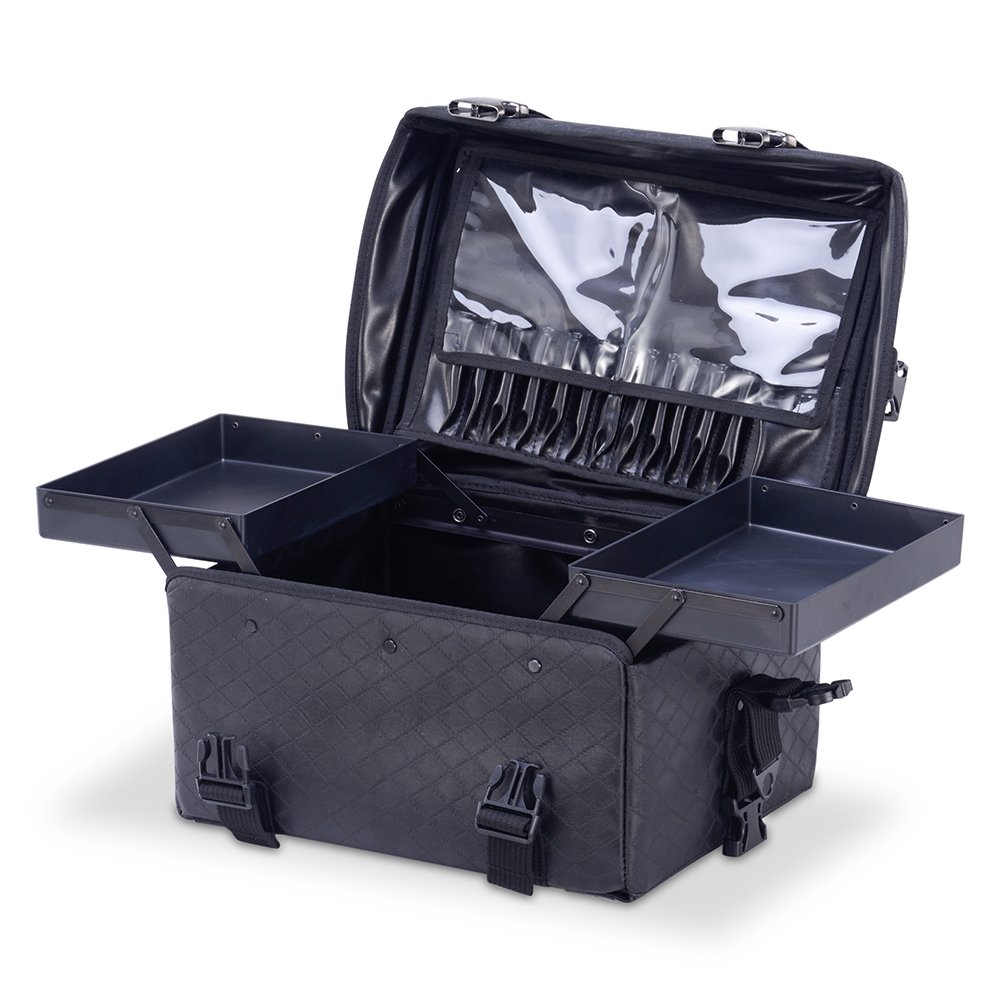 Professional Makeup Artist 2 in 1 Rolling Makeup Train Case Cosmetic Organizer Soft Trolley w/Storage Drawers & Metal Buckles (Black Quilted)