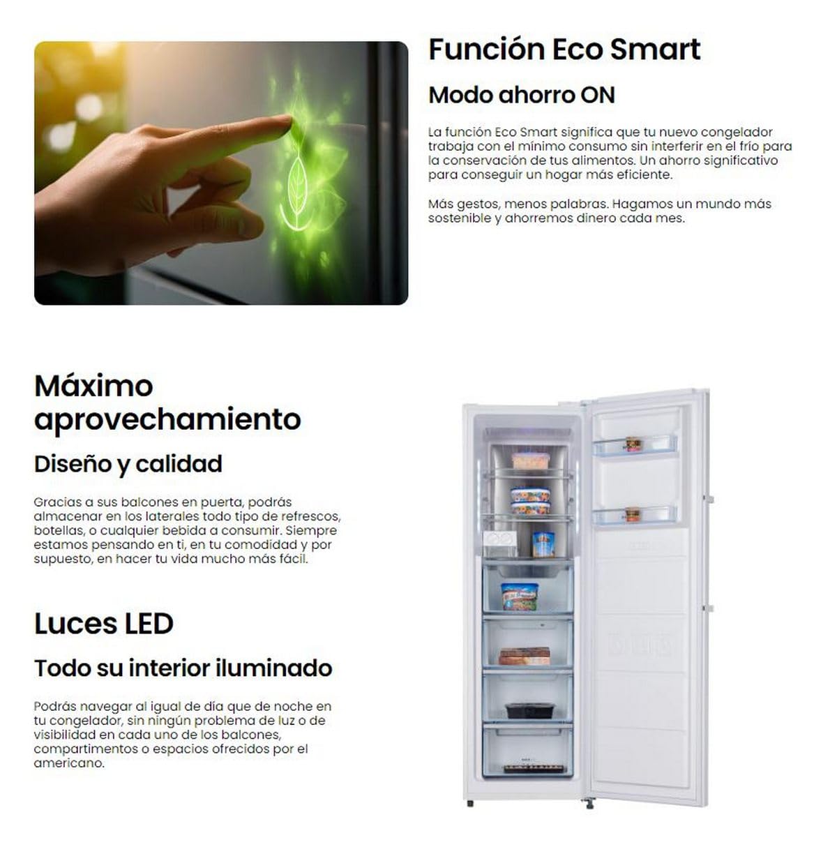 INFINITON Congelador Vertical CV-265L85, 282 Litros, 185 cm, No Frost, E, No Frost Technology, Fast freezing,Alarma óptica y acústica de puerta abierta, Fabricador de hielo (Blanco || CV-265L85WEM)