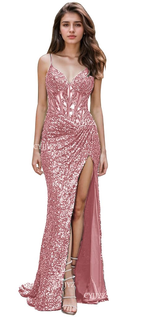 Spaghetti Strap Sequin Prom Dresses with Slit 2025 Sparkly Lace Appliques Mermaid Formal Evening Gown for Women