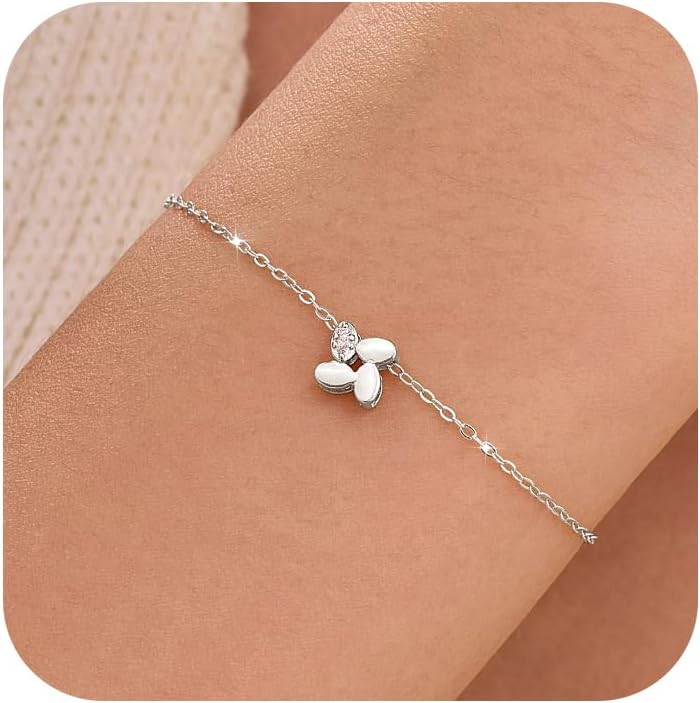 Dainty Lucky Leaf Flower Clover Bracelets for Women 925 Sterling Silver 14K Gold Plated Cubic Zirconia Bracelets Adjustable Bracelet 5.71" + 1.38" Wedding Bridesmaid Jewelry Mothers Day Gifts