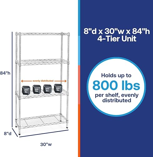 Miniatura 7 de Shelving Inc. Estantería de alambre cromado de 8 pulgadas de profundidad x 30 pulgadas de ancho x 72 pulgadas de alto con estantes de 4 niveles,