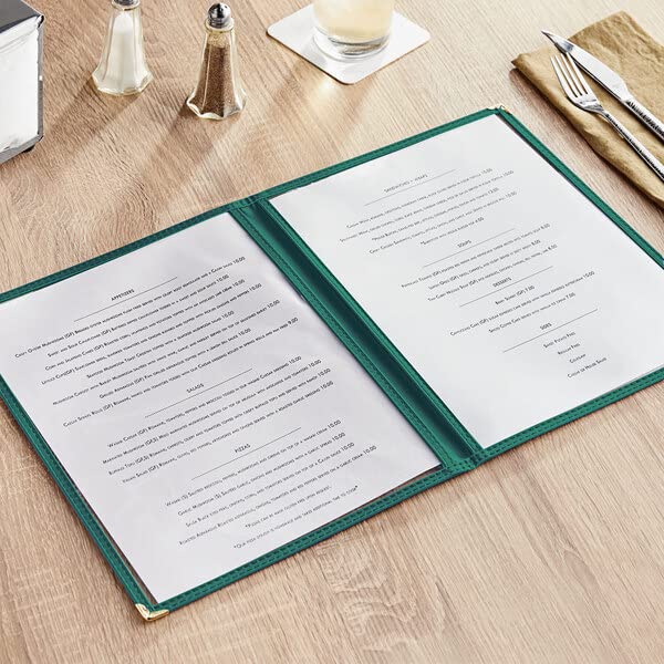 TrueCraftware- Set of 10 Green 8-1/2” x 11” Double Fold Restaurant Menu Covers 2 Page 4 View Crystal Clear Menu Folder Menu Sleeve Menu Book Holders for Bar Cafe Restaurant Book