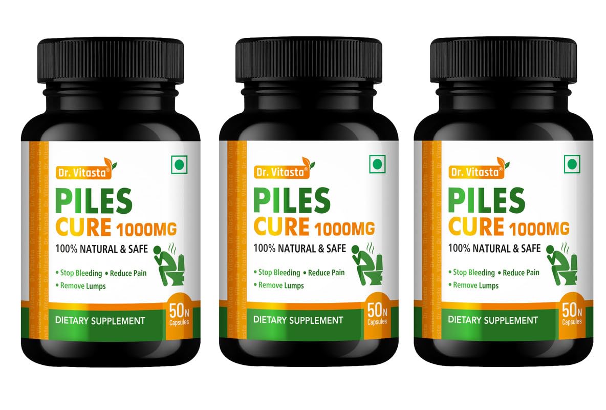 Piles Cure 1000mg | 100% Natural & Safe | Stop Bleeding | Reduce Pain | Remove Lumps | Dietary Supplement | (50 Capsules - Pack of 3)