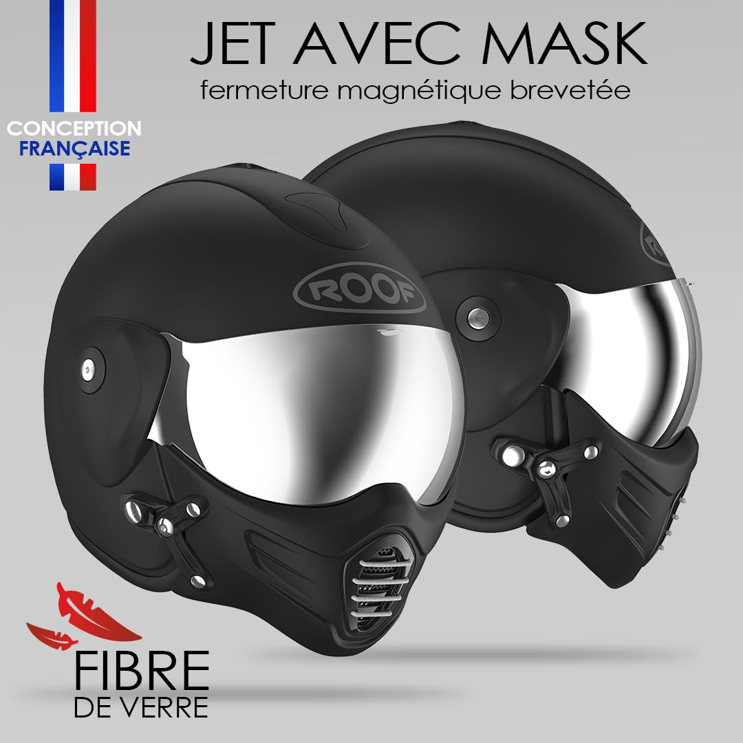 Casque Moto Jet Haut De Gamme ROOF Roadster en Fibre De Verre avec Mentonnière Amovible Magnétique Écran Iridium Inclus– Couleur Iron Noir Mat/Argent - Offre Directe Usine - Garantie 4 Ans