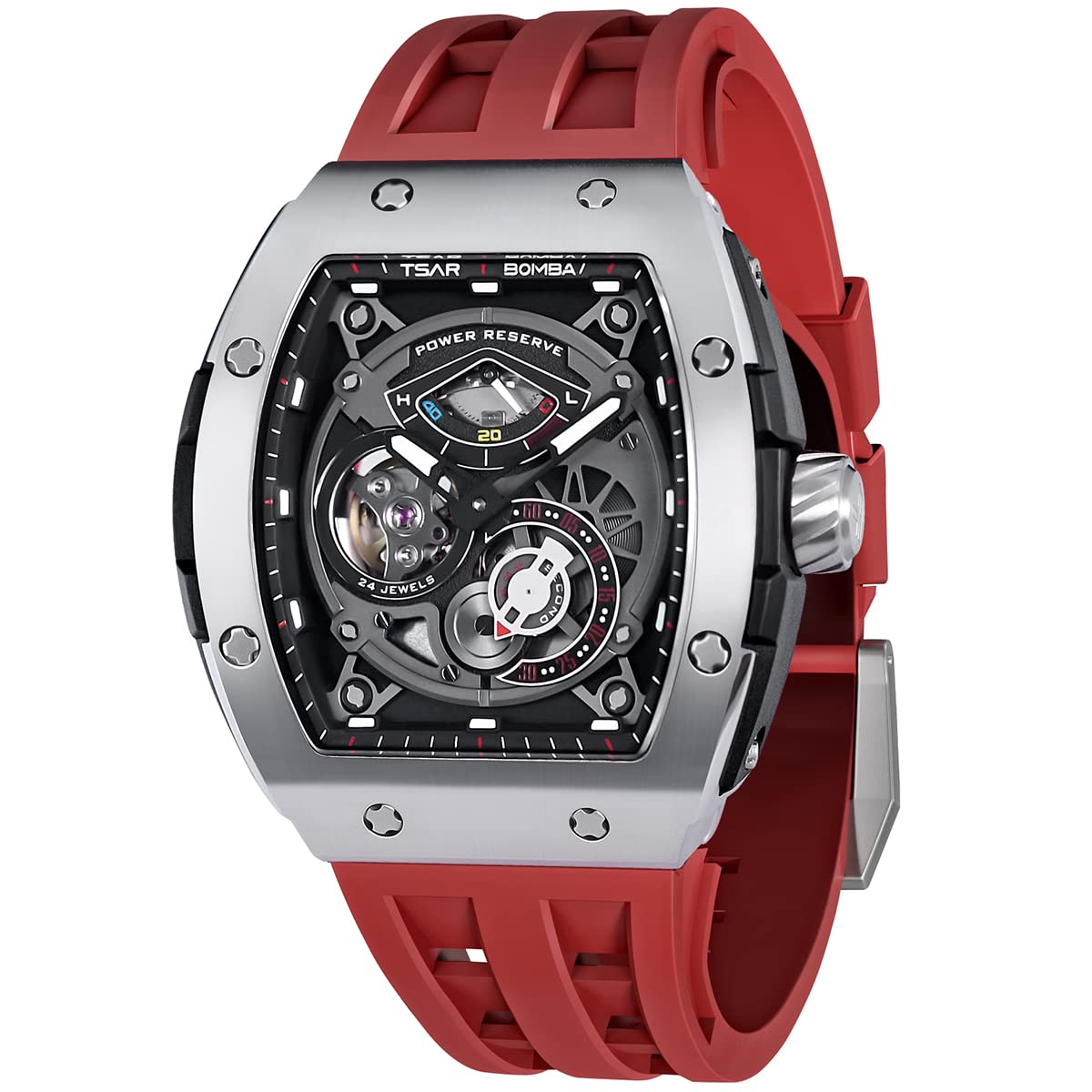 TSAR BOMBA Watchs for Men Automatic - Luxury Tonneau Watch - Energy Storage Indicator - Sapphire Glass - 50m Waterproof - Fluororubber Strap, Silver Case Red Band (B0B7J7J11V) Amazon Price History, Amazon Price Tracker