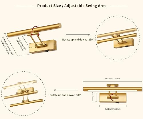 Miniatura 3 de Luces de imagen a pilas con control remoto y temporizador, luz de arte inalámbrica para pinturas con brazo oscilante ajustable, luces doradas de