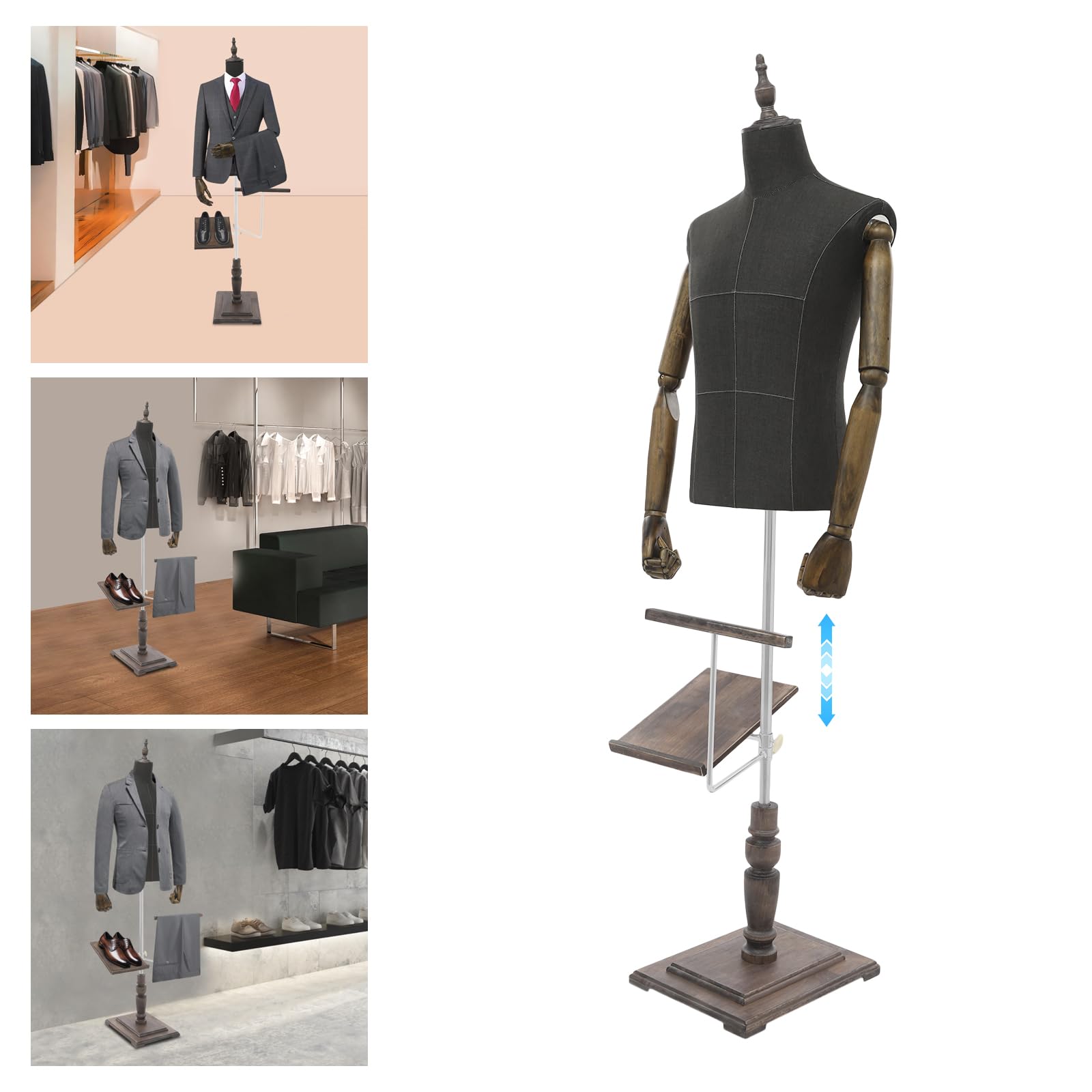 Forma de ropa masculina, maniquí masculino, altura ajustable, figura torso para hombre, 135-180 cm, con un tope de 180°, para boutiques, tiendas de moda y diseño de escaparates