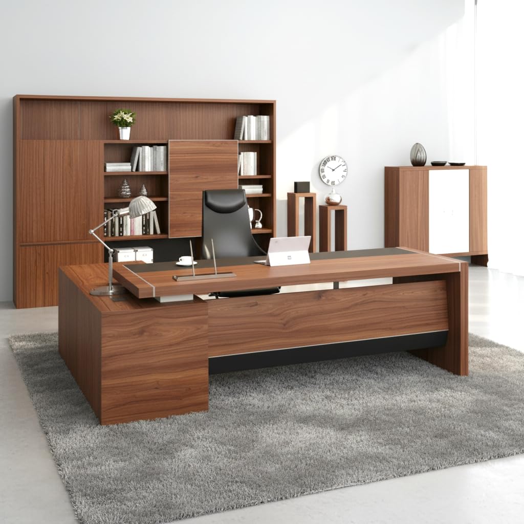 Lakdi The Furniture Co Director Office Table for Boss & Executive | Unique Design L Shape Table Made in Particle Board with 2 Drawer, Open Space & Openable Shutter, Office Desk Brown (LDL-537)