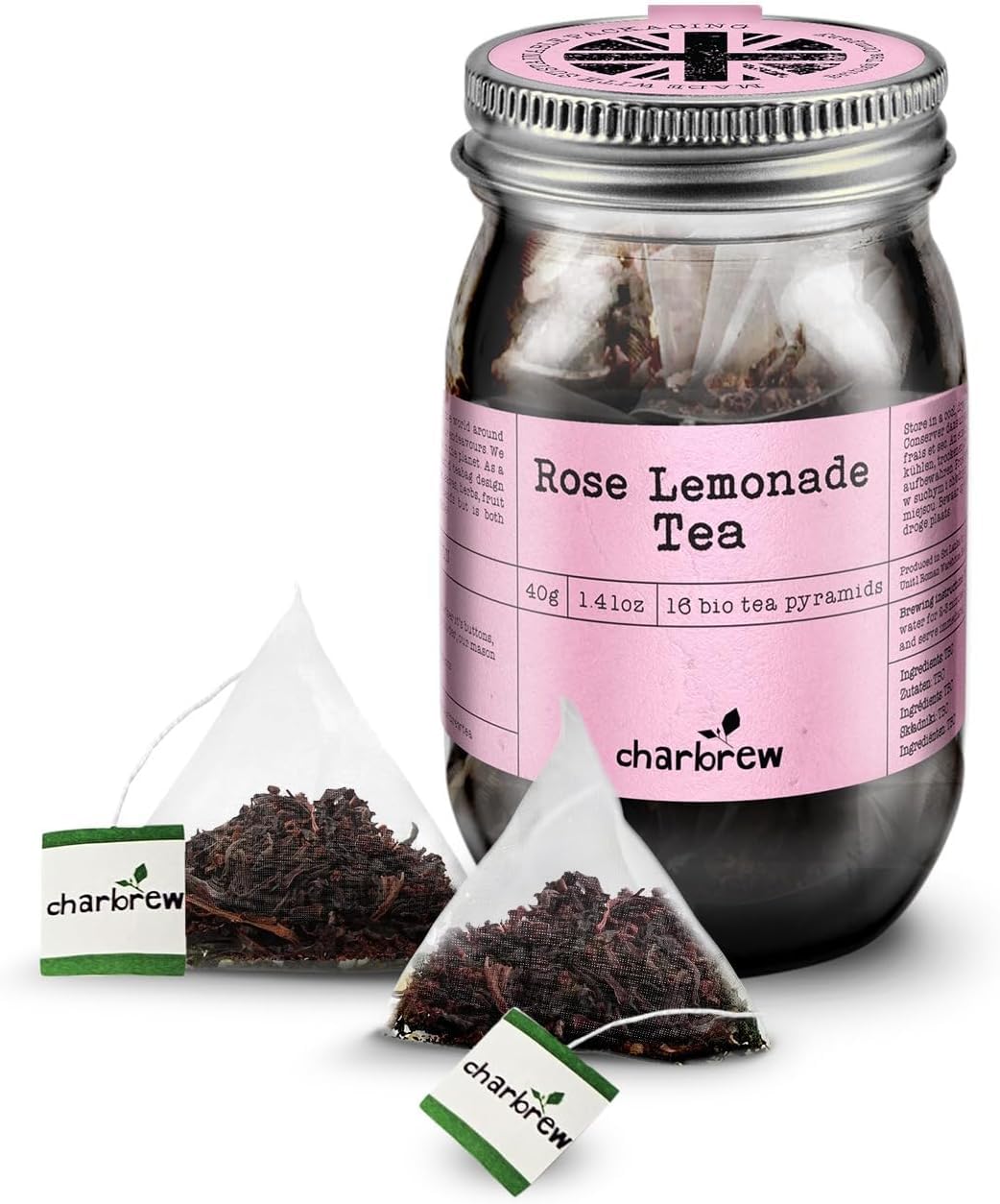 Charbrew Rose Lemonade Tea - 16 Fine Mesh Pyramid Teabags with String & Tag in Reusable Glass Mason Jar | Premium Herbal Tea Blend with Hibiscus, Chamomile, Rosehips & Lemon Peel