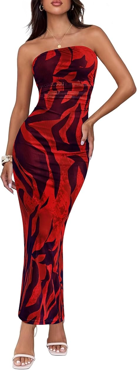 BTFBM Women's Floral Maxi Dresses Summer 2025 Strapless Tube Bodycon Mesh Layered Cocktail Party Wedding Guest Dress