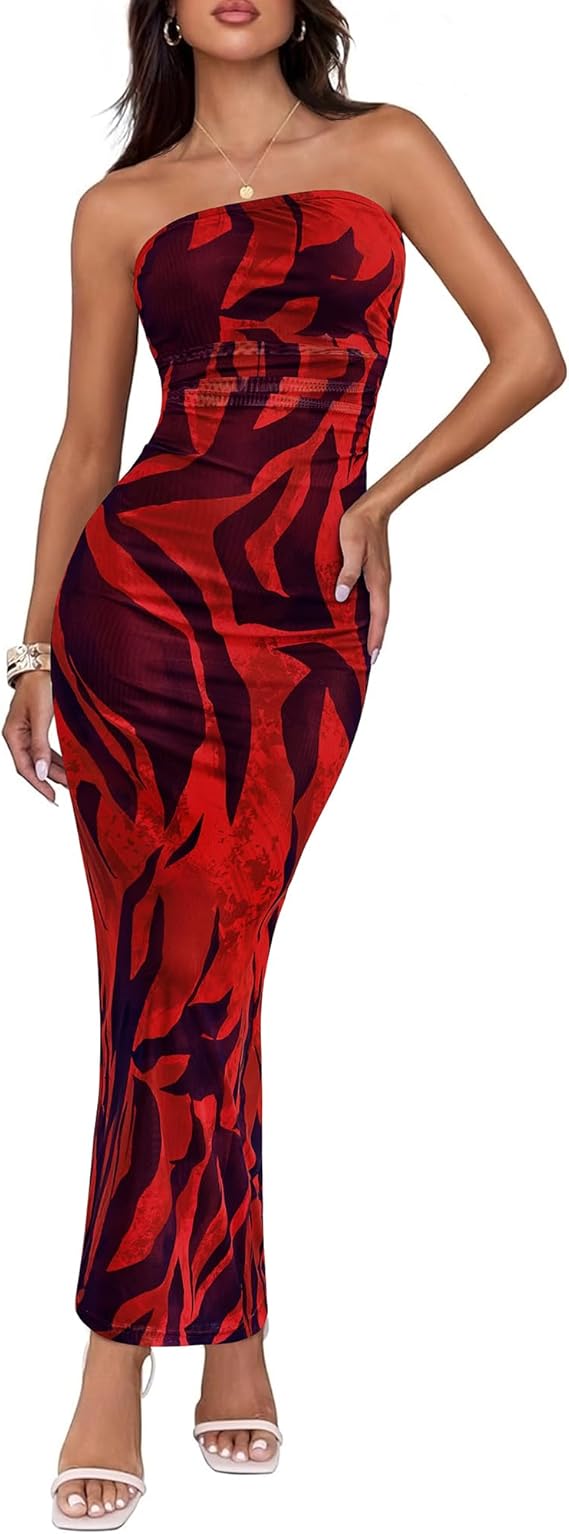 BTFBM Women's Floral Maxi Dresses Summer 2025 Strapless Tube Bodycon Mesh Layered Cocktail Party Wedding Guest Dress