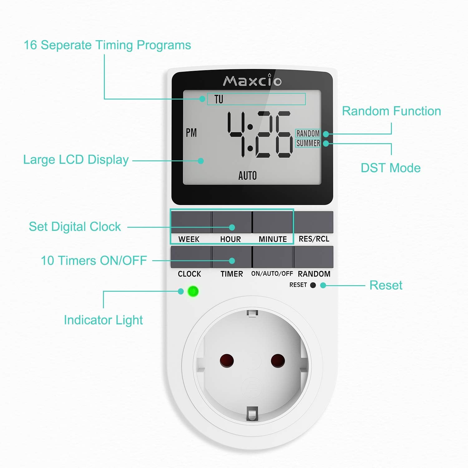 Maxcio Prise Programmable Digitale, Minuterie Numérique Journalier/Hebdomadaire avec Ecran LCD, Économie d'Energie - 2 Packs (Norme Européenne)